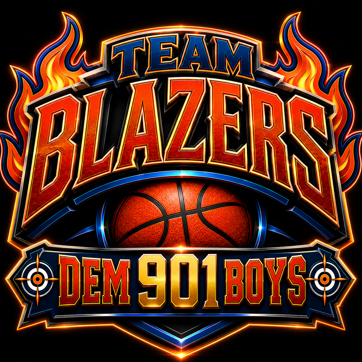 Blazers Dem 901 Boys basketball team logo with a fiery basketball and flames