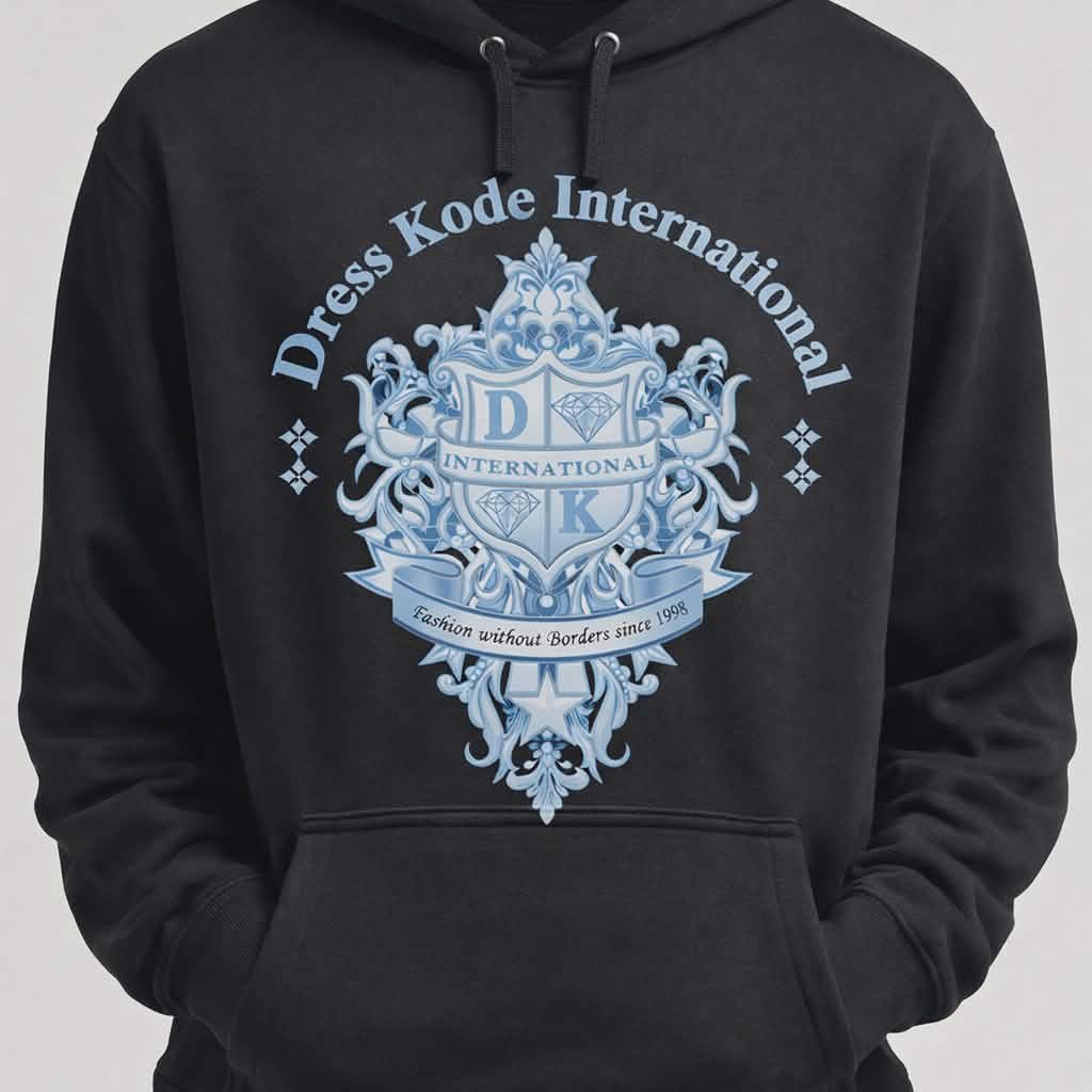 Black hoodie with Dress Kode International logo and slogan