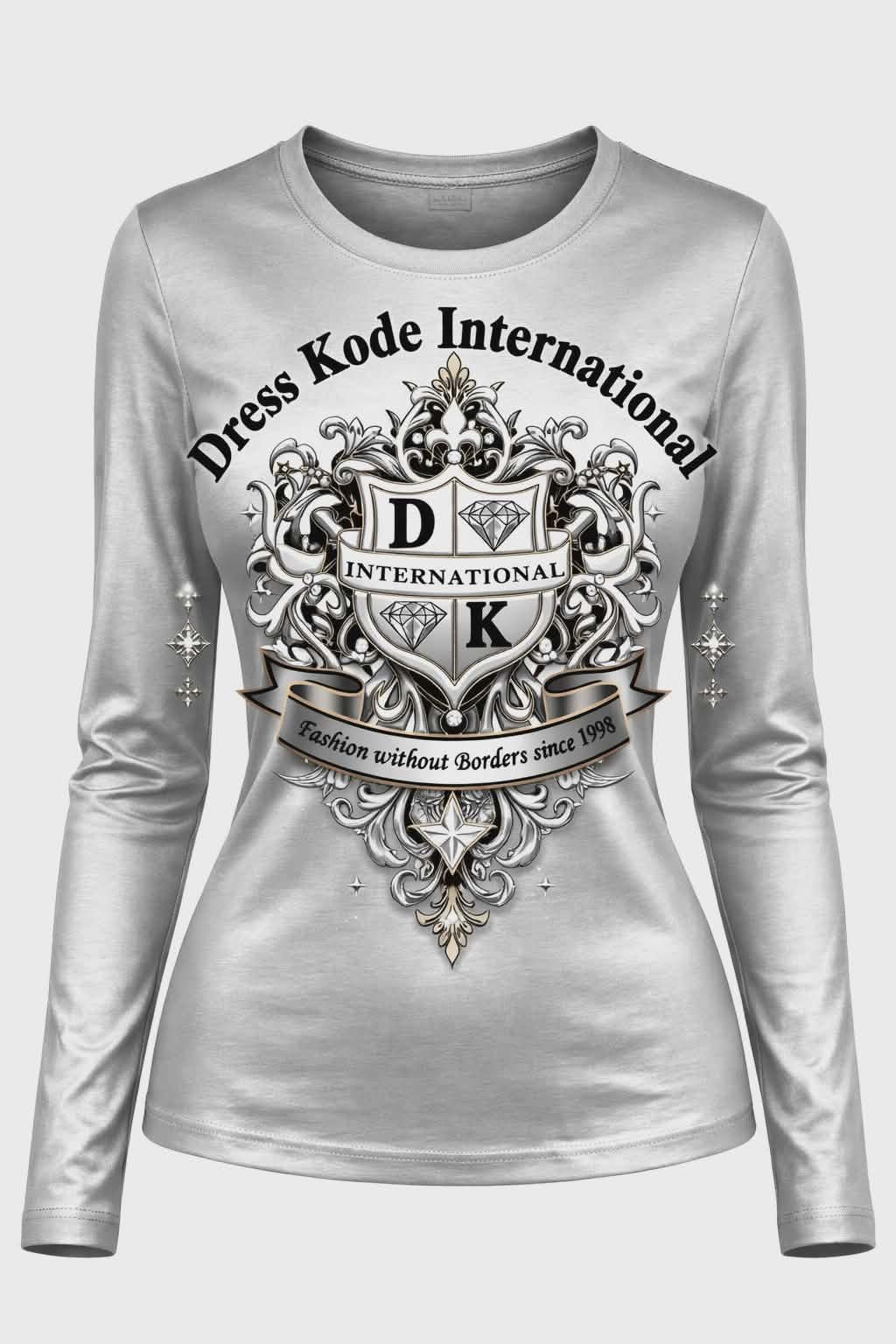 Silver long-sleeve shirt with 'Dress Kode International' logo and 'Fashion without Borders since 1998' text