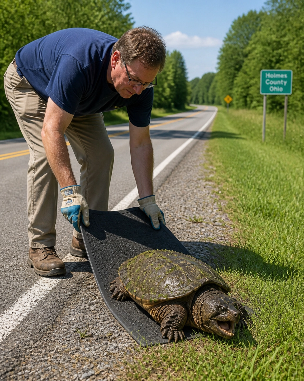 A person safely assisting a turtle across a road by using a car floor mat to gently slide a large snapping turtle toward the grassy shoulder.