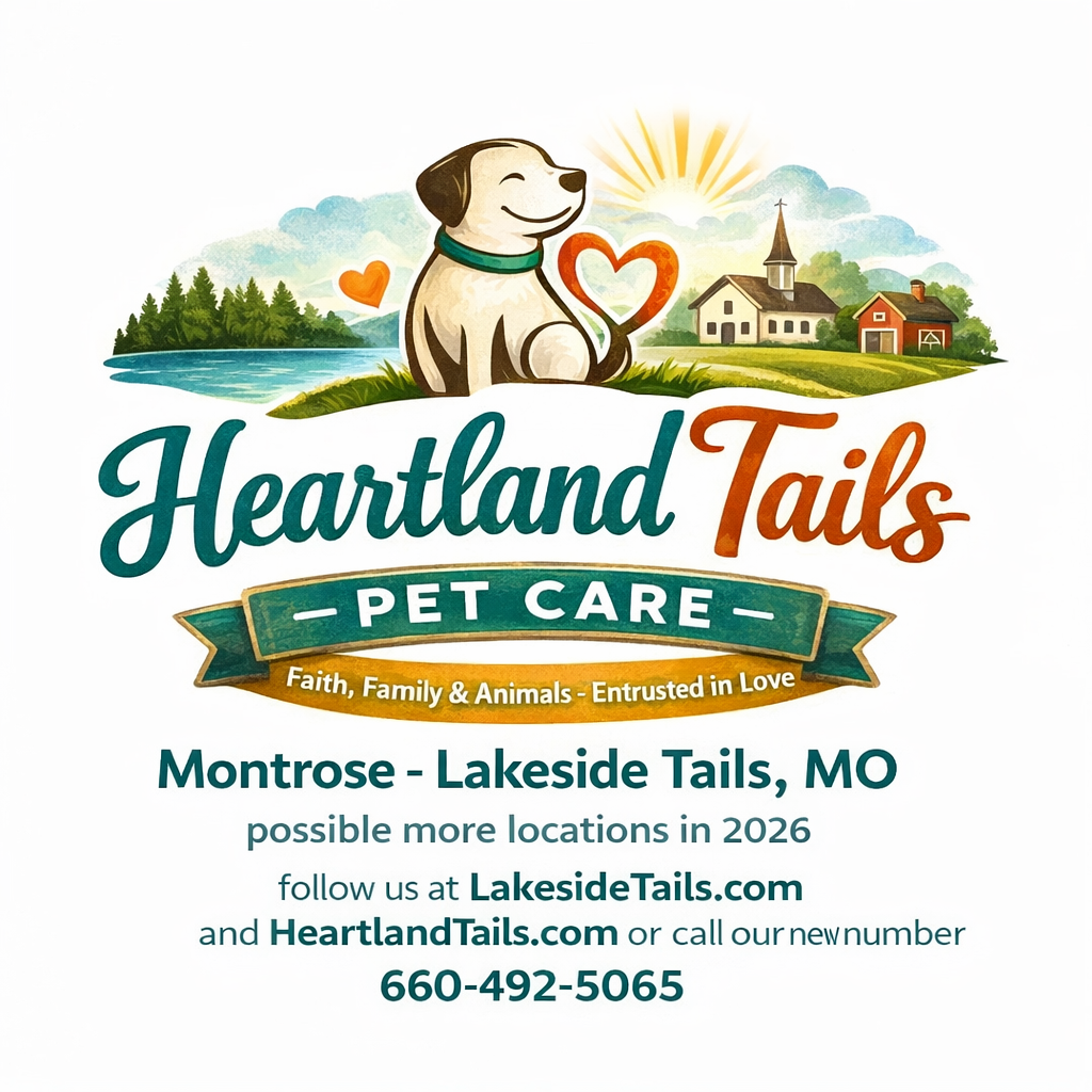 Heartland Tails pet care logo featuring a dog, heart, and a serene landscape