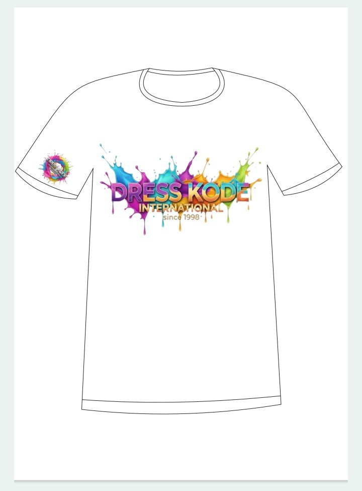 White t-shirt with colorful paint splashes and the text 'Dress Kode International since 1998'.