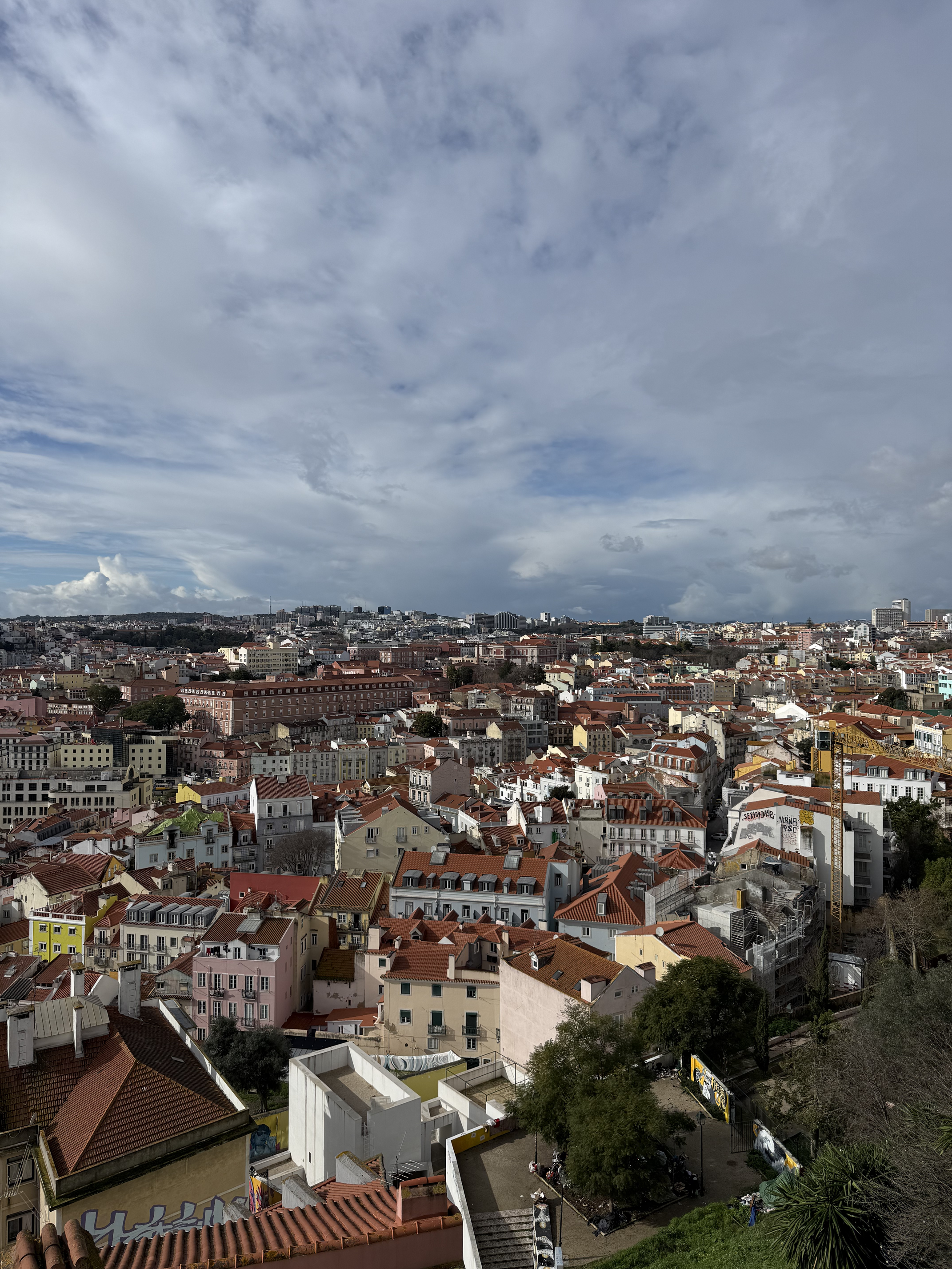 Aerial view of a city with many buildings and a cloudy sky