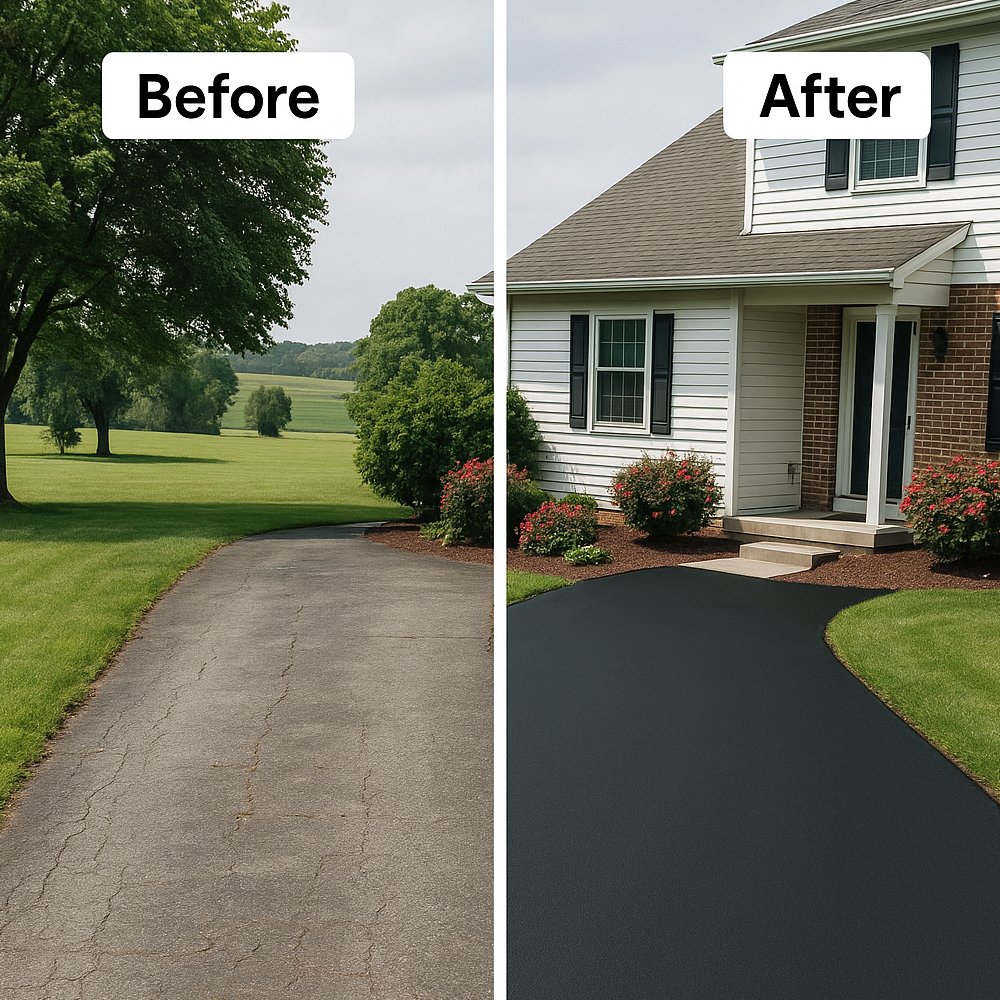 Before and after images of a driveway showcasing the transformation from cracked to smooth asphalt