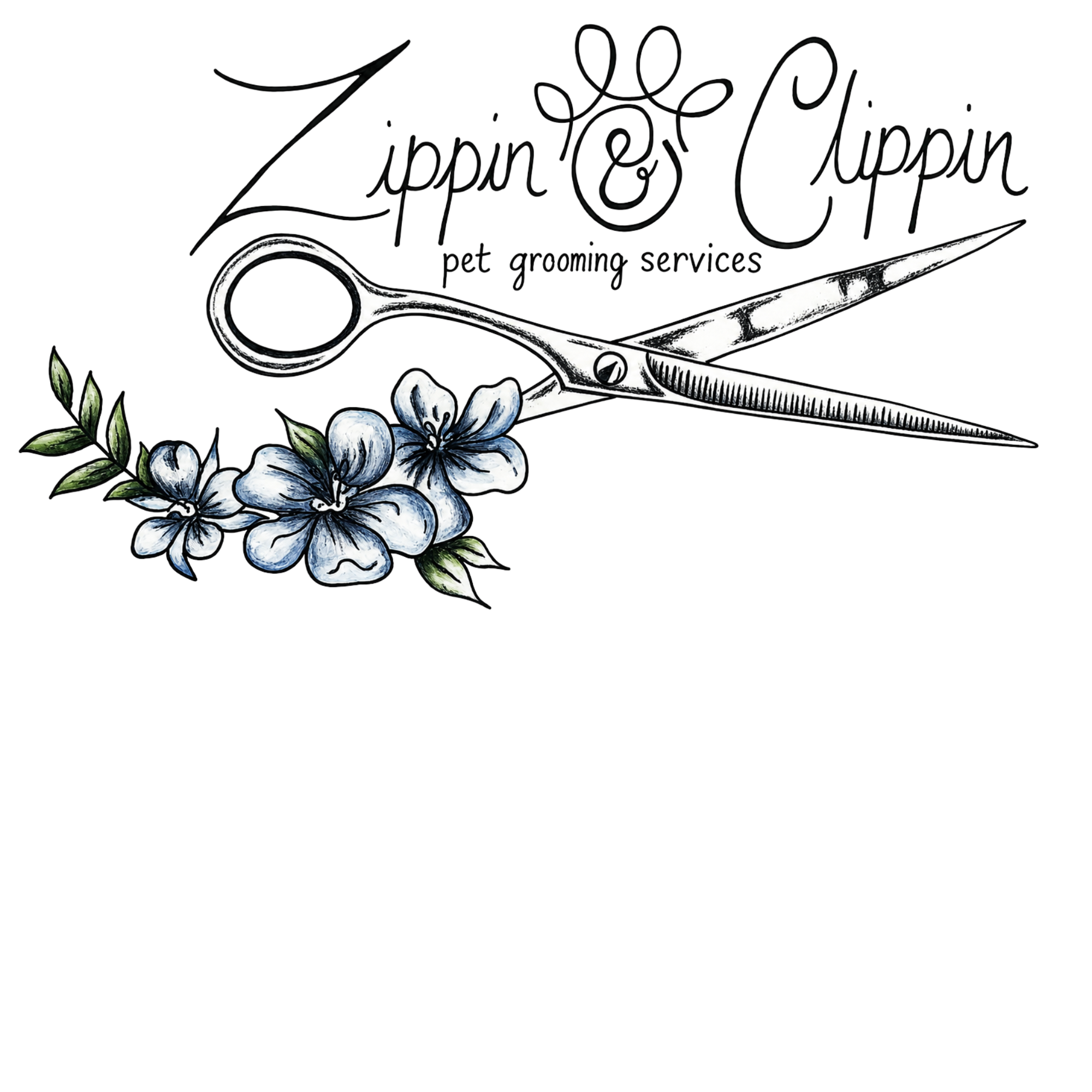 Zippin & Clippin logo featuring scissors and flowers on a black background