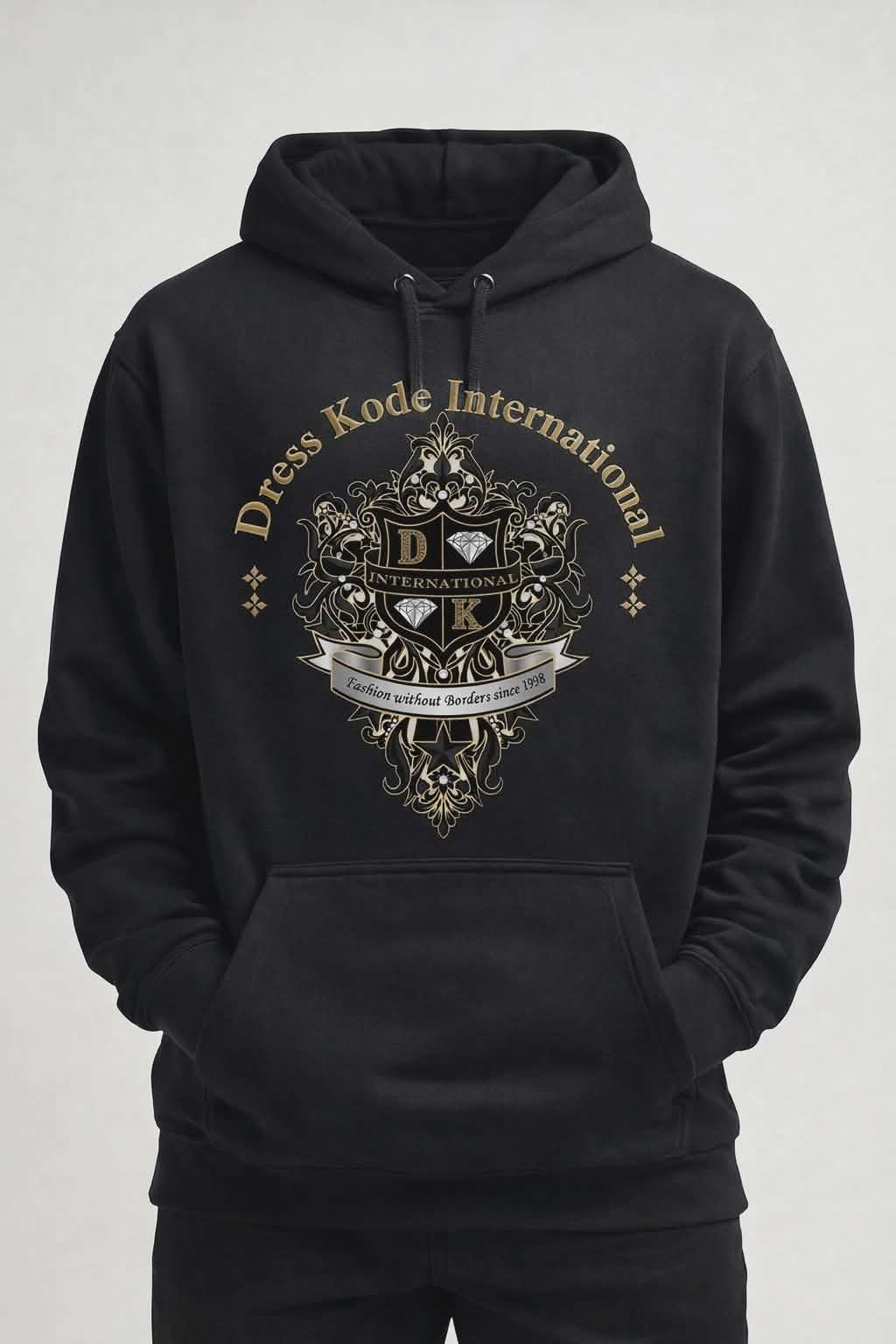 A black hoodie with a gold logo that reads 'Dress Kode International' on the front
