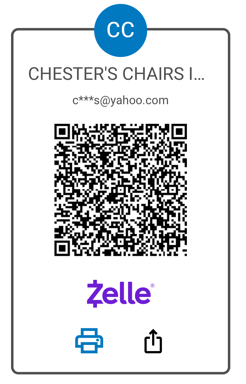 Chester's Chairs Inc. business card with QR code for Zelle donations
