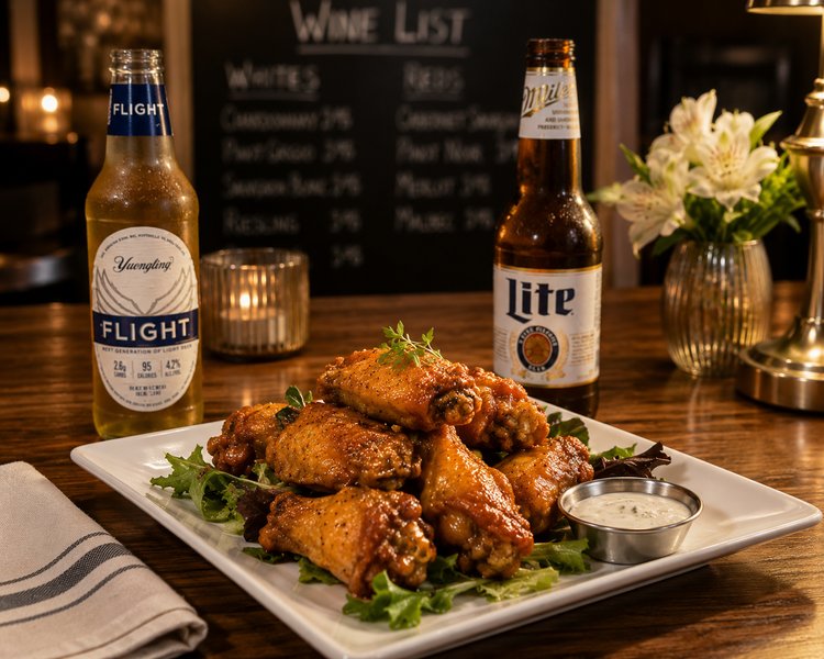 A wooden table with a plate of chicken wings, two bottles of beer, and a vase of flowers.