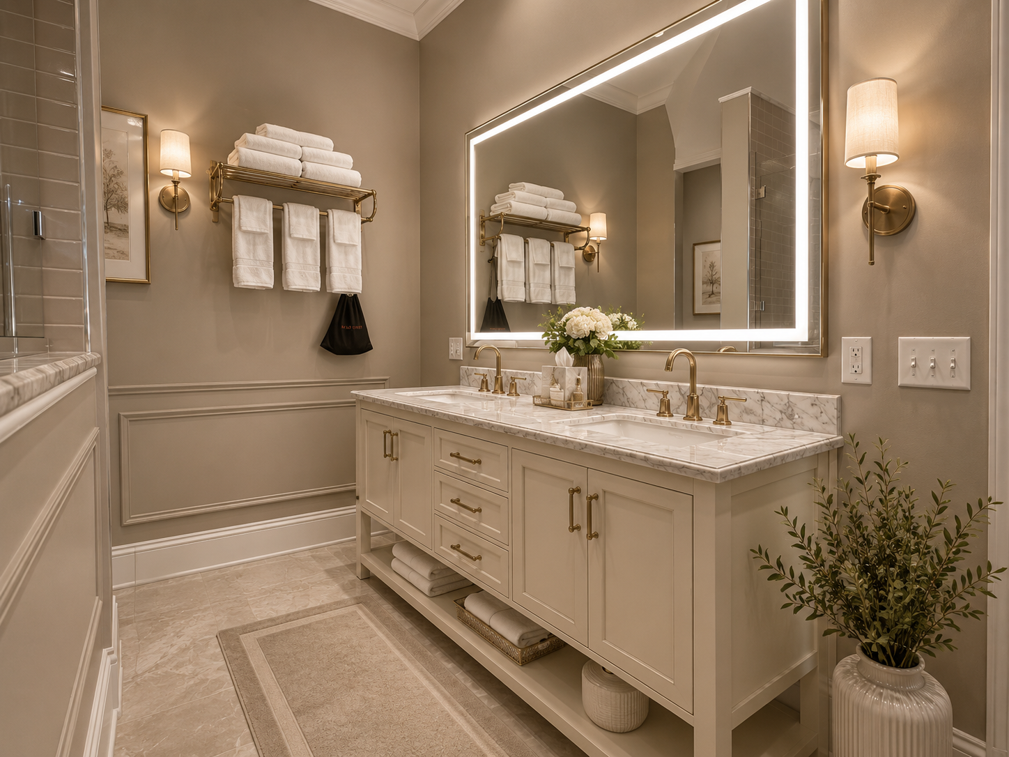 Elegant bathroom with a double vanity, marble countertop, and modern fixtures