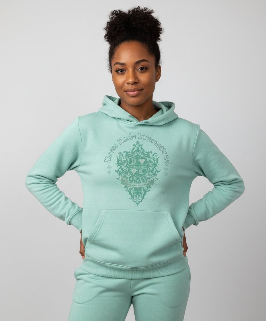 A woman wearing a mint green hoodie with a crest logo and text 'Dress Kode International' on the front
