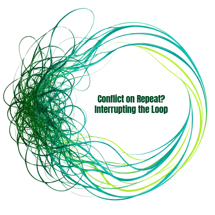 Abstract image with green and blue lines forming a loop with text 'Conflict on Repeats? Interrupting the Loop'