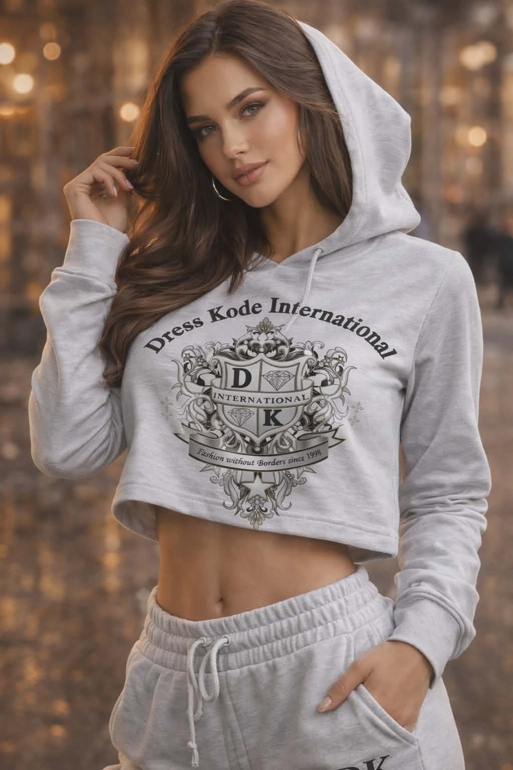 A woman wearing a gray hoodie and sweatpants with the words Dress Kode International on it