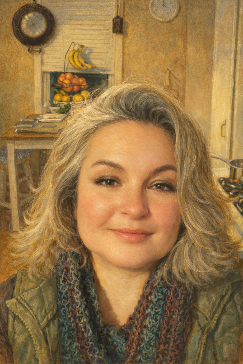 Portrait of a woman with blonde hair in a kitchen, smiling warmly