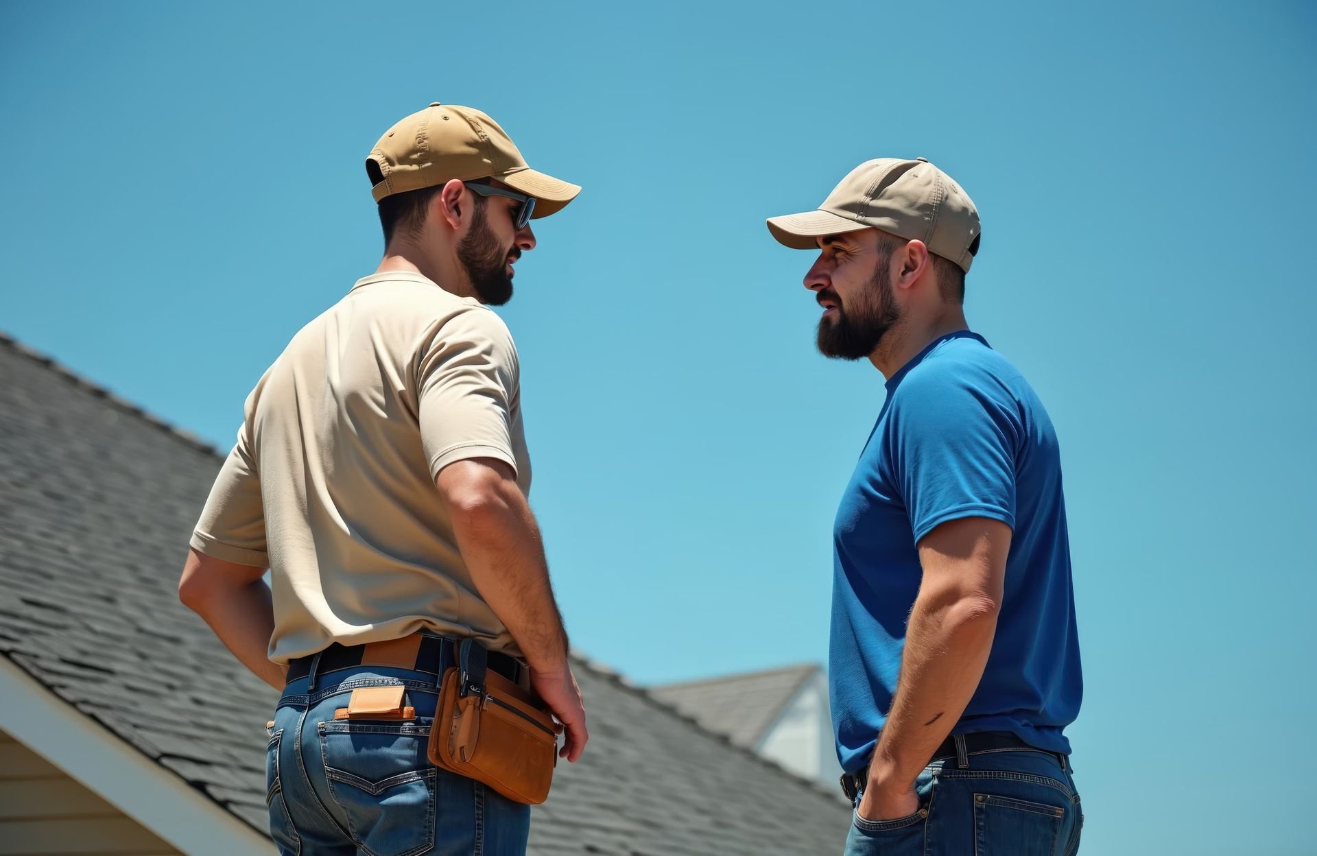 Two men in hats converse on a rooftop under a clear blue sky