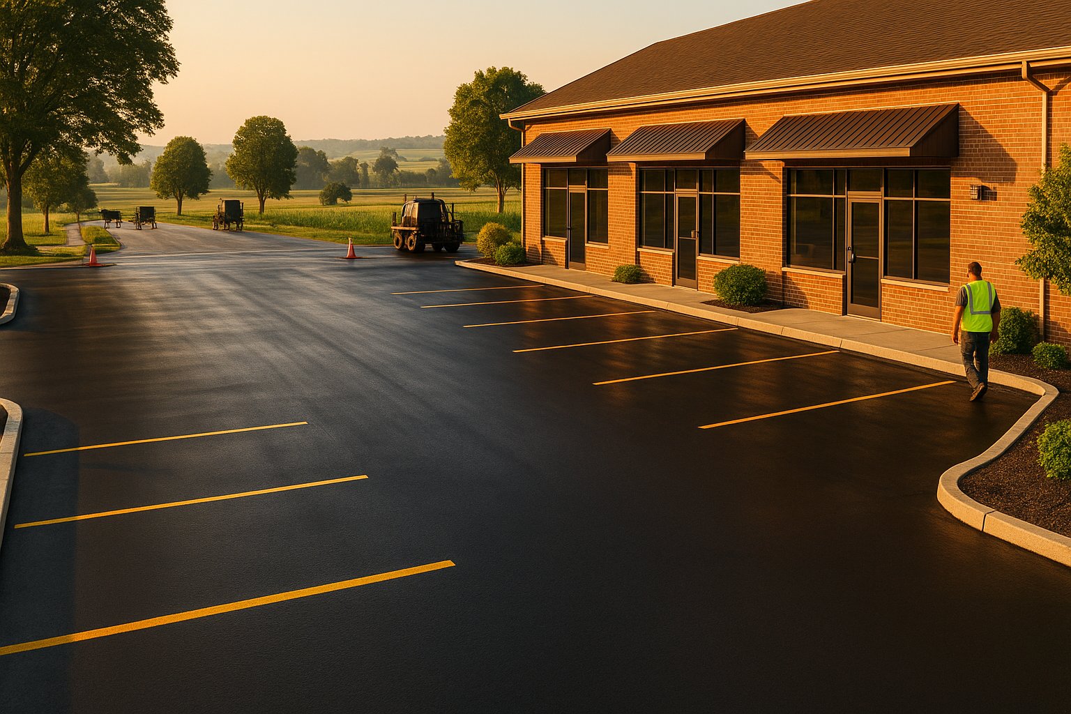 A commercial parking lot with a building and a worker in a safety vest