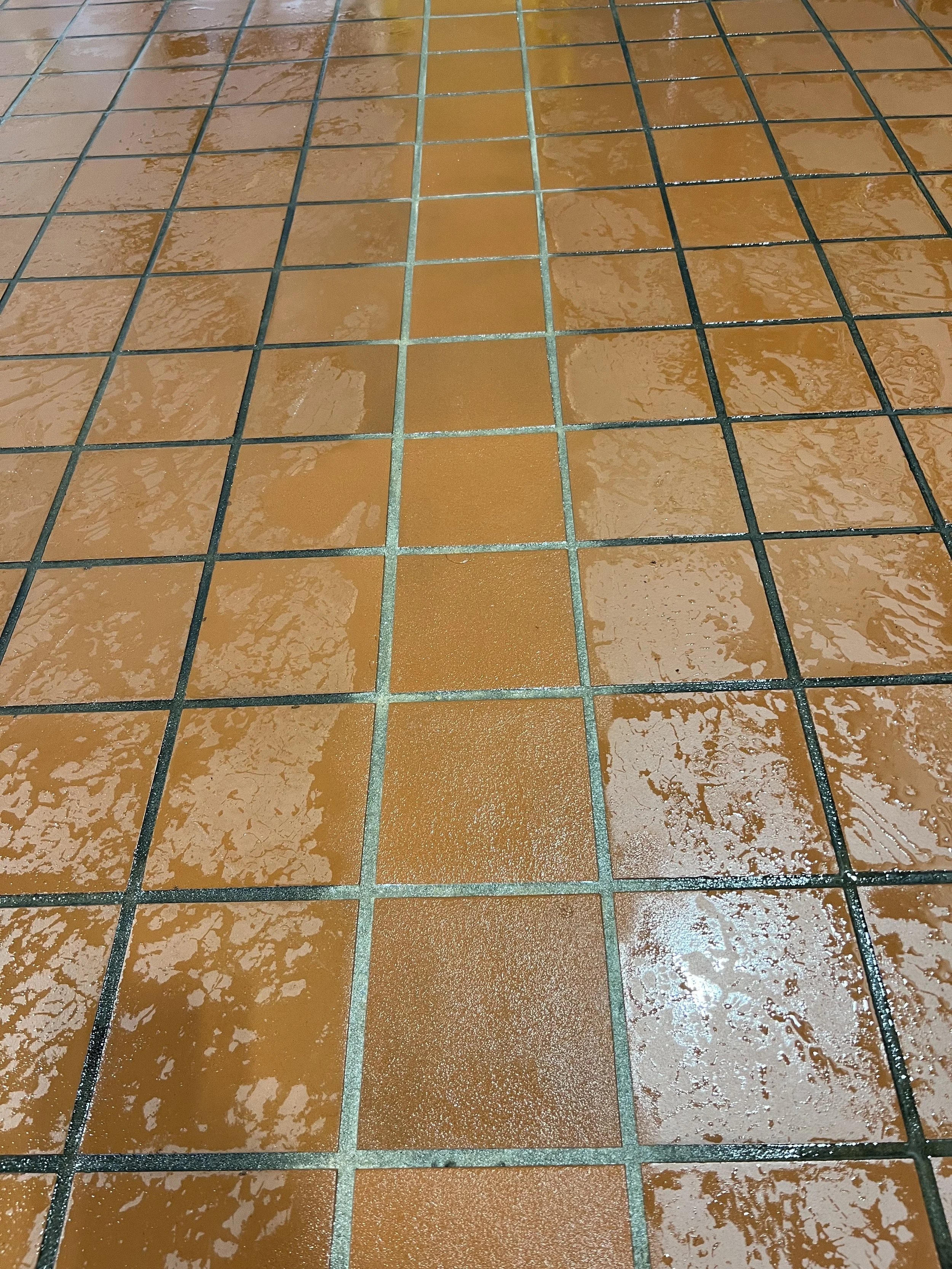 A close-up view of a wet, brown tiled floor after cleaning