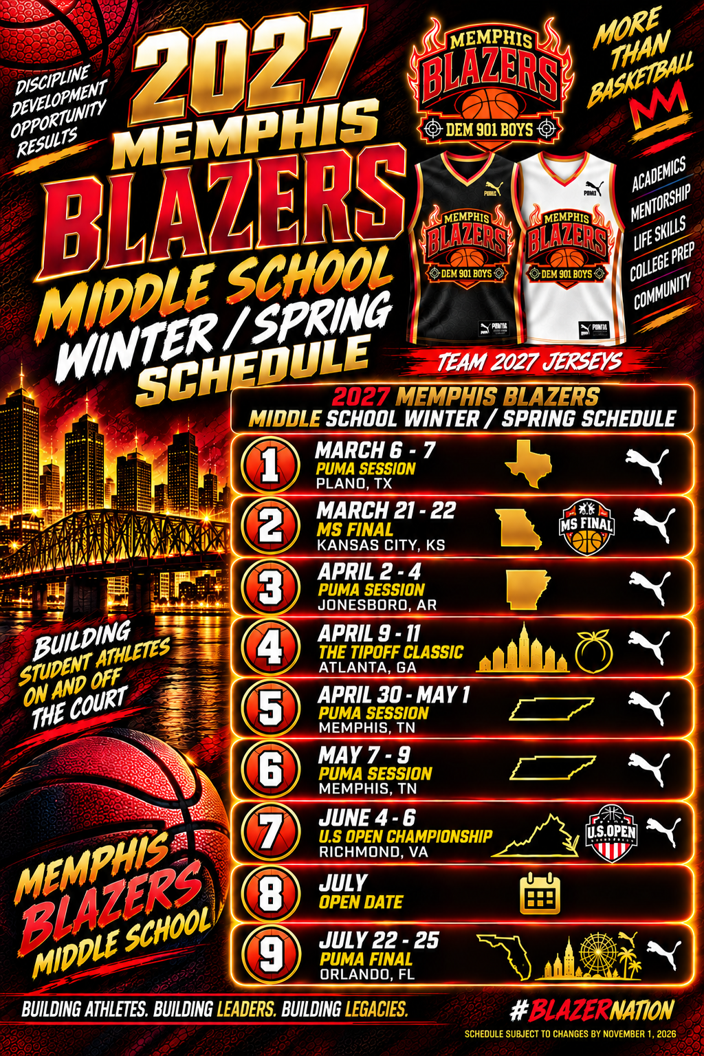 2027 Memphis Blazers Middle School Basketball Team's Winter and Spring Schedule