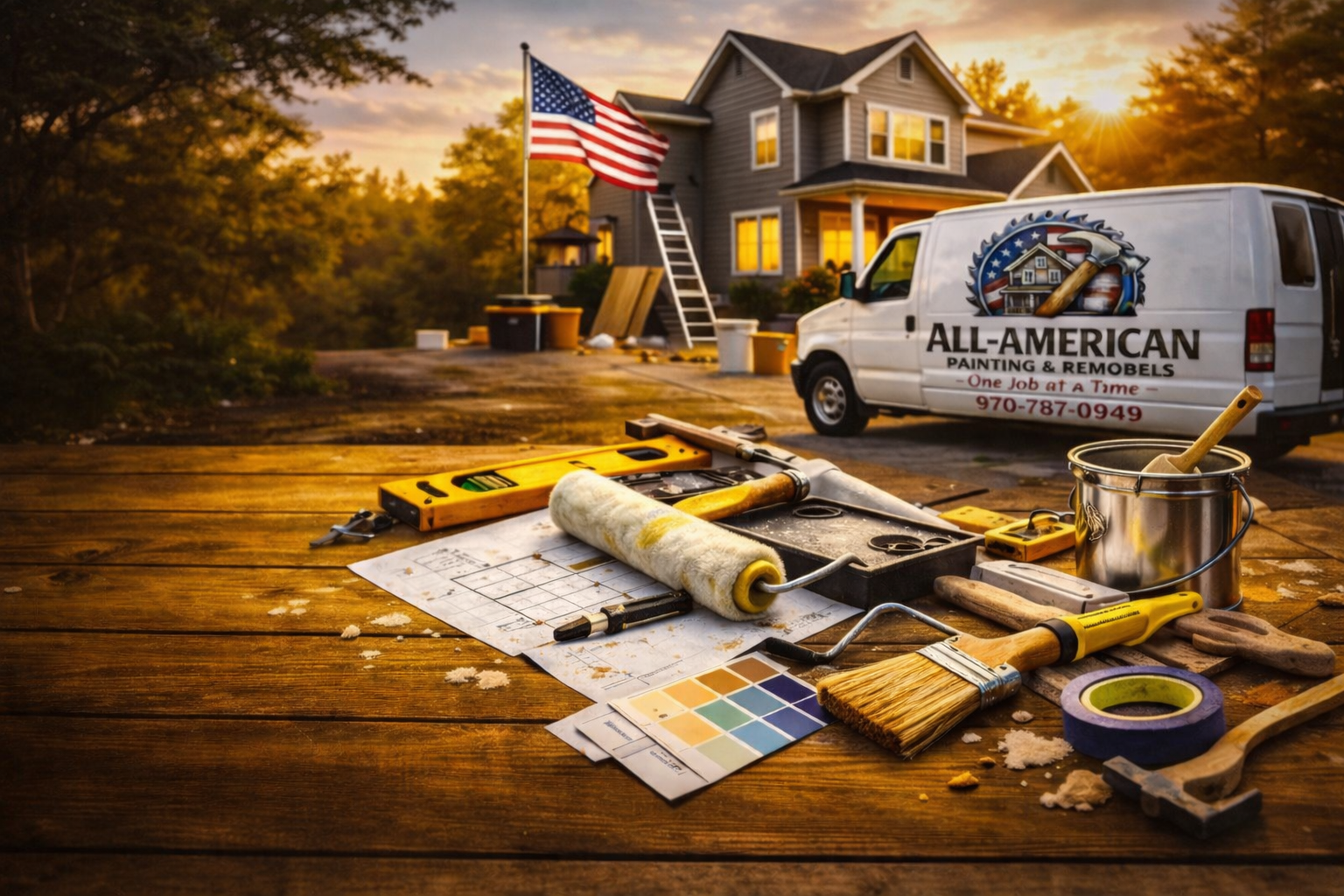 All American Painting & Remodels work van and tools