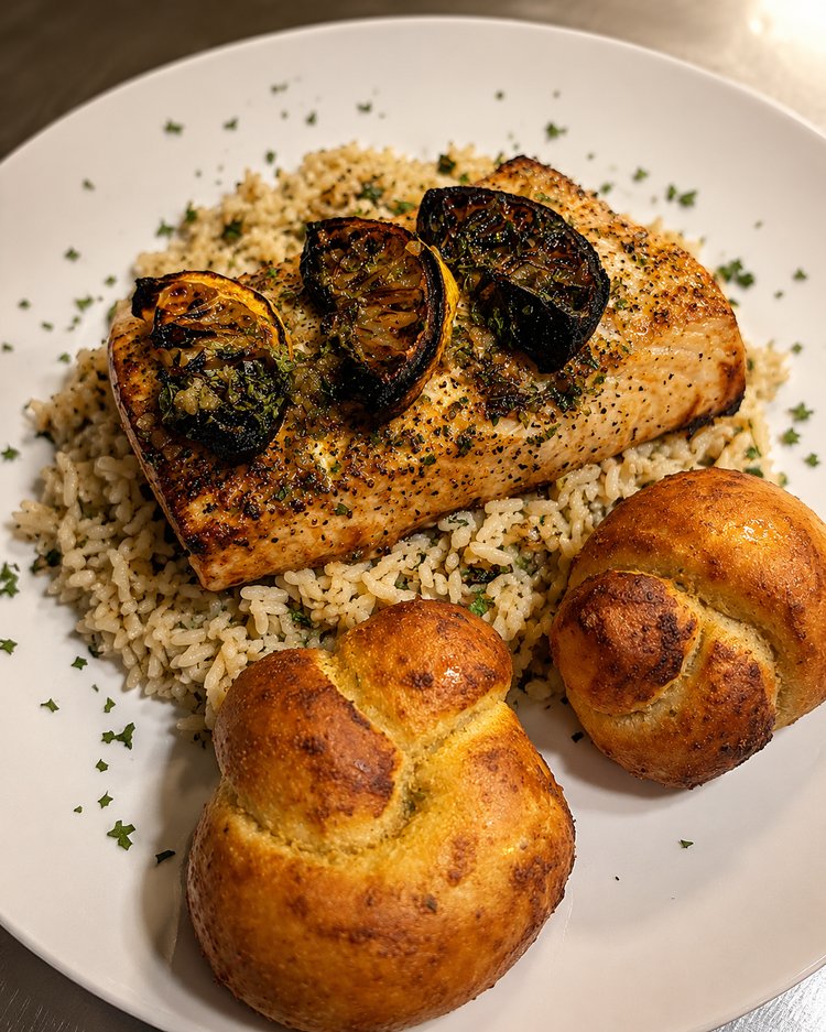 A plate of grilled fish with rice, lemon slices, and bread rolls
