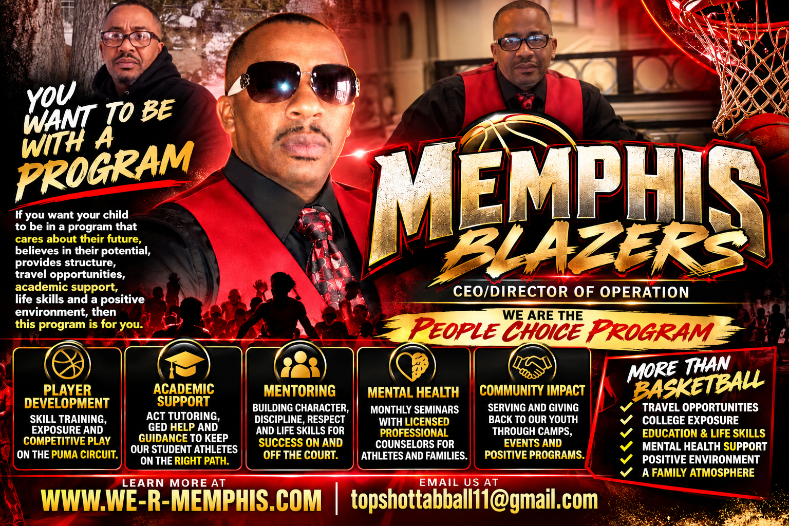 Memphis Blazers Program Director with athletes and basketball hoop
