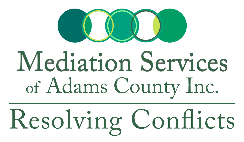 Logo for Mediation Services of Adams County Inc. featuring three interlocking circles in green, yellow, and white