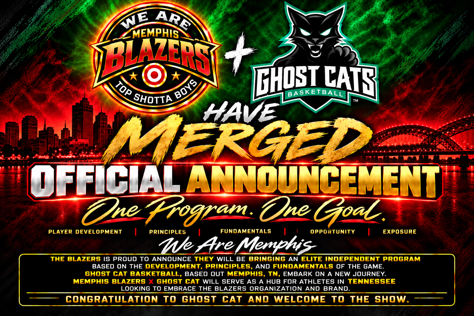 Memphis Blazers and Ghost Cat Basketball logos merged with a cityscape background
