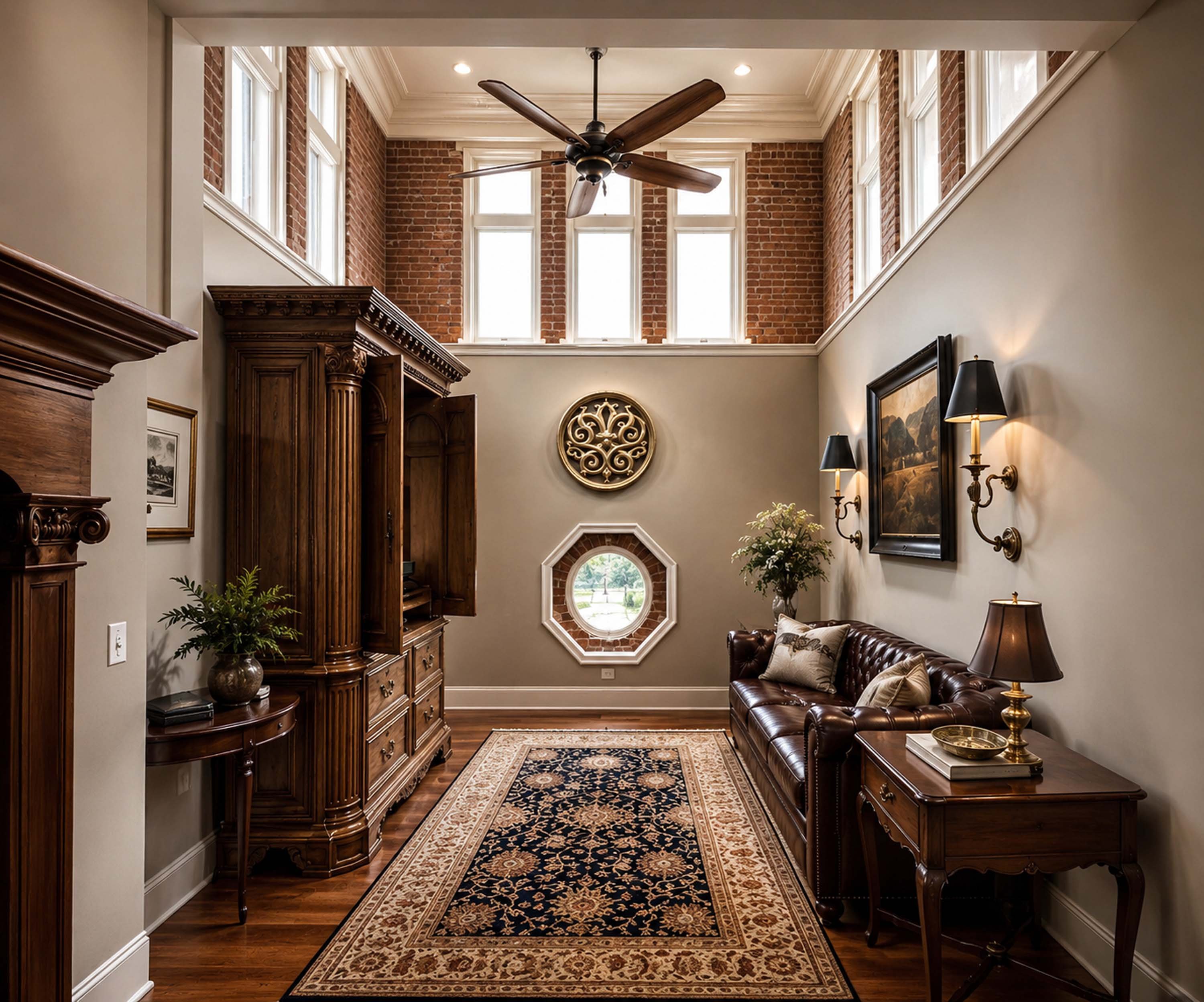 A luxurious living room with a fireplace, a leather couch, and a round window.