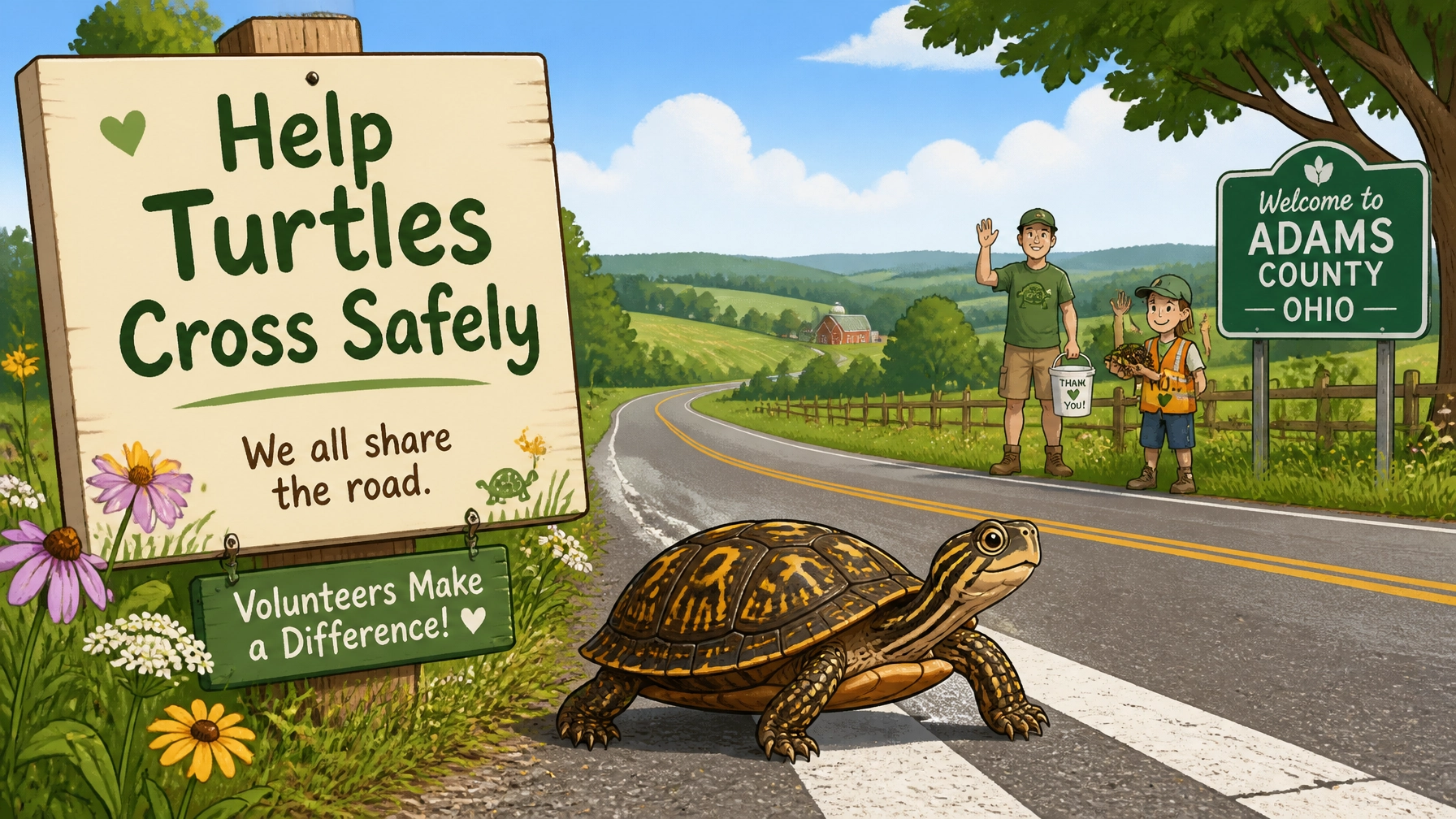 Cartoon turtle crossing a rural road with a community volunteer message asking for help to get turtles across safely