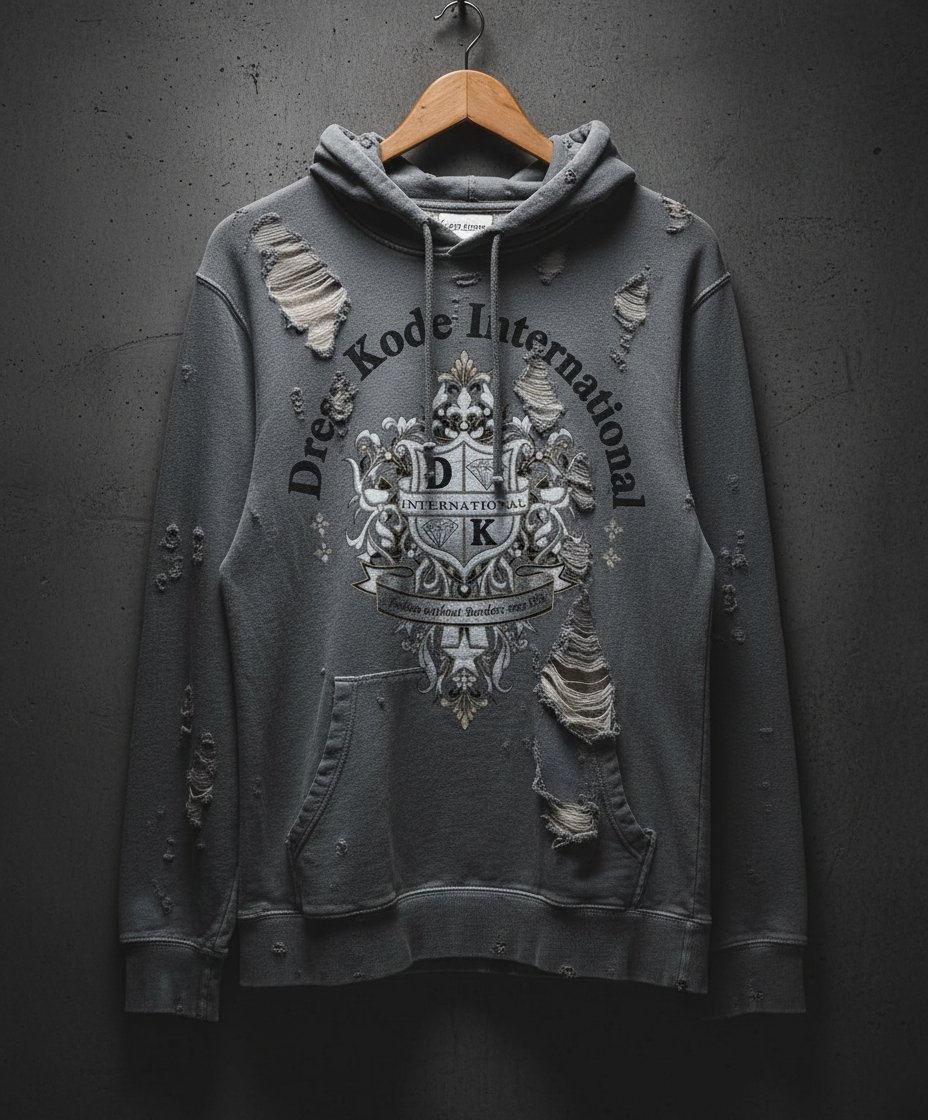 A gray hoodie with distressed design and 'Dress Kode International' logo hanging on a wooden hanger