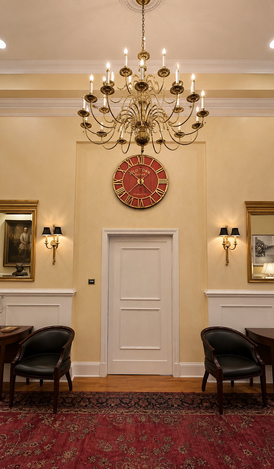 A luxurious interior with a red carpet, a chandelier, and a large clock above a door