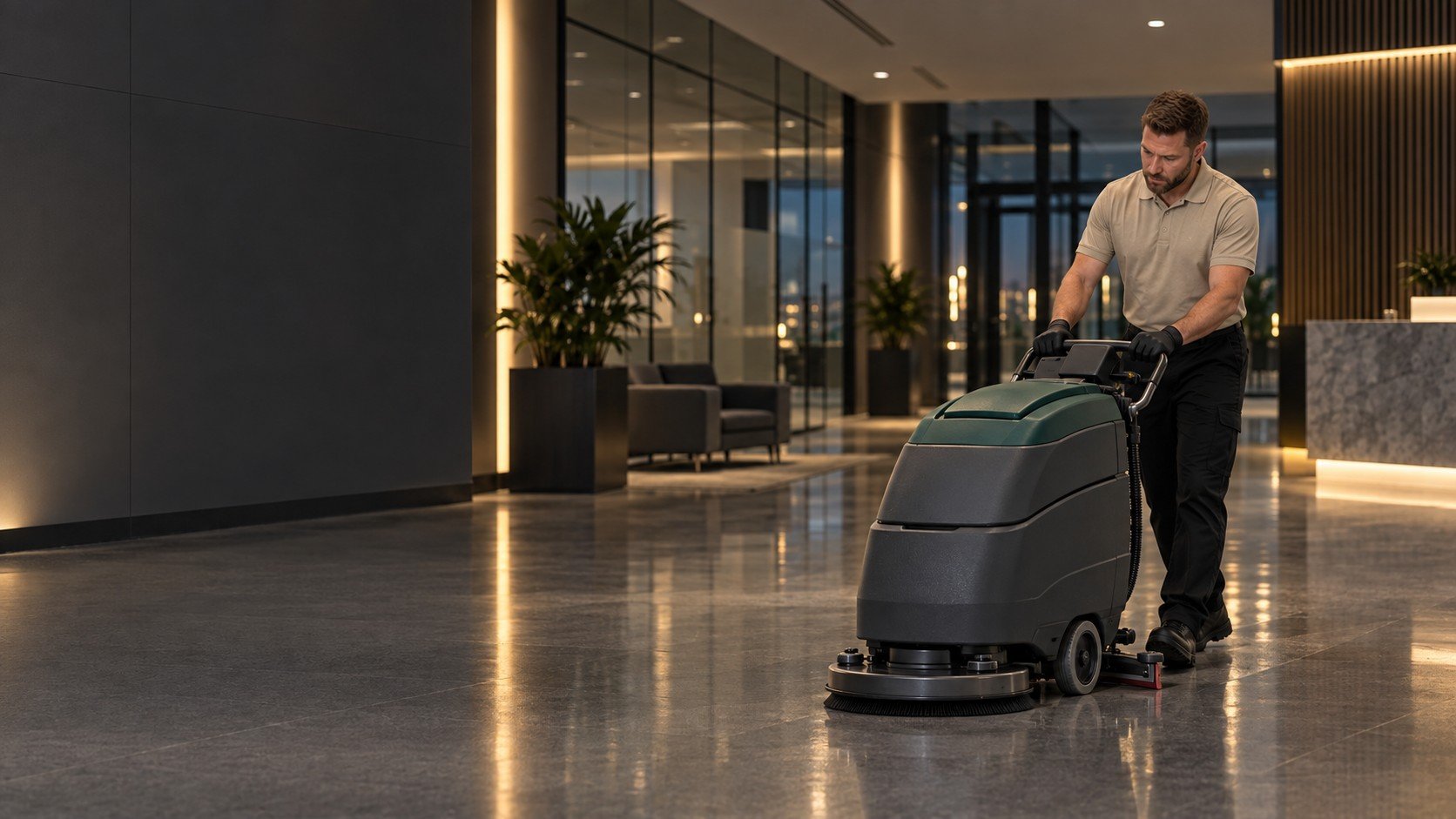 A man using a commercial floor cleaning machine in a modern office lobby