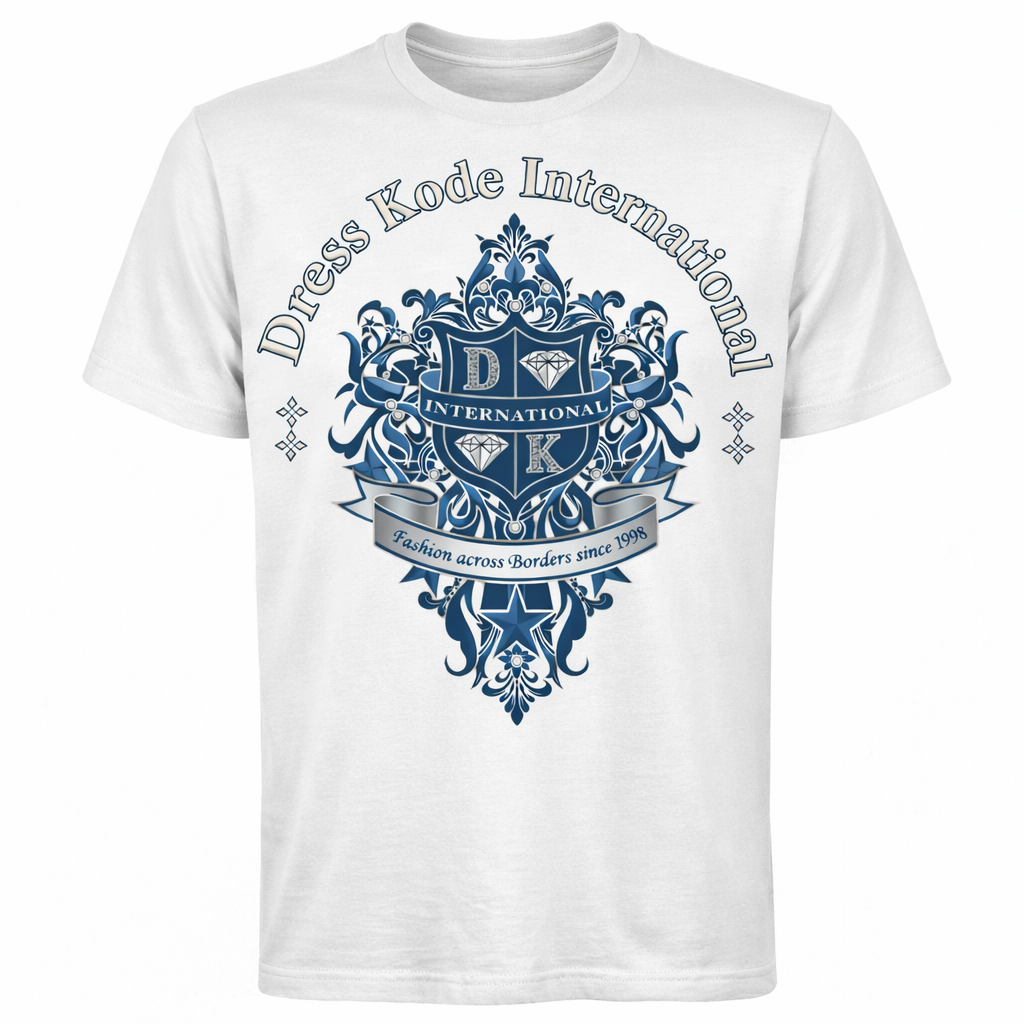 White t-shirt with blue Dress Kode International logo and text
