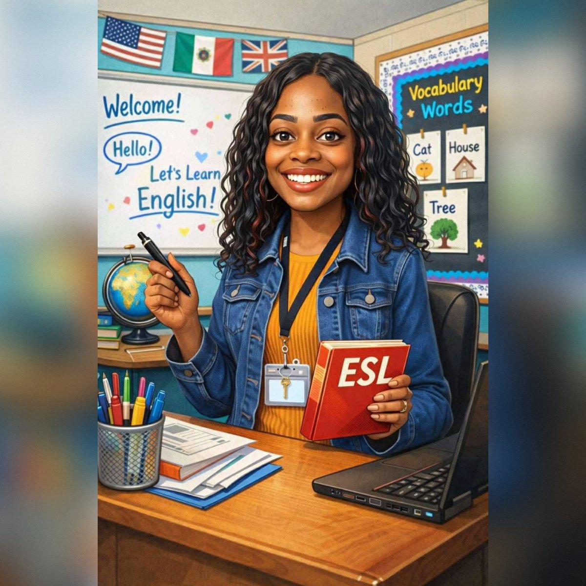 An ESL teacher smiling and holding a book titled 'ESL' in a classroom setting.