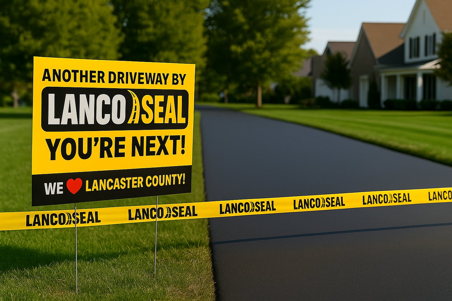 Lanco Seal advertisement sign on a driveway with houses in the background