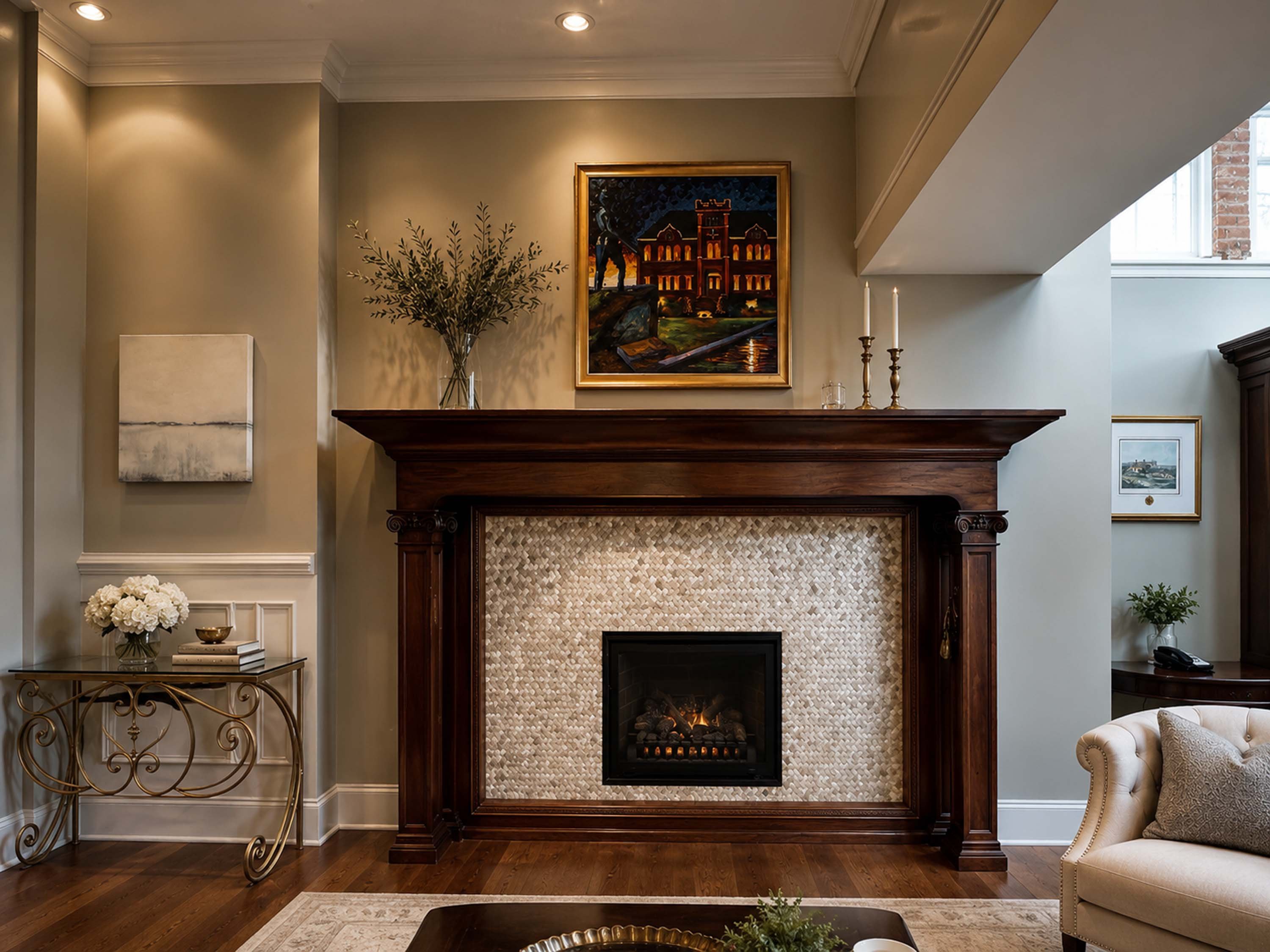 A modern living room with a fireplace, wooden mantle, and decorative items