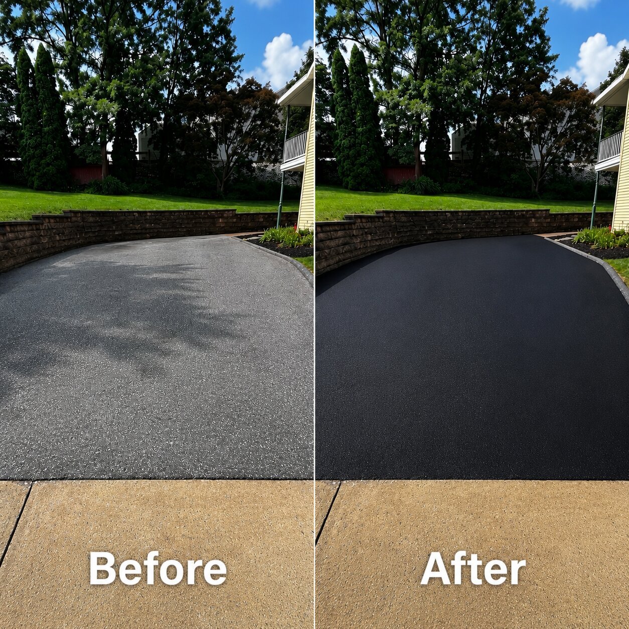 Before and after comparison of a driveway with a new asphalt overlay
