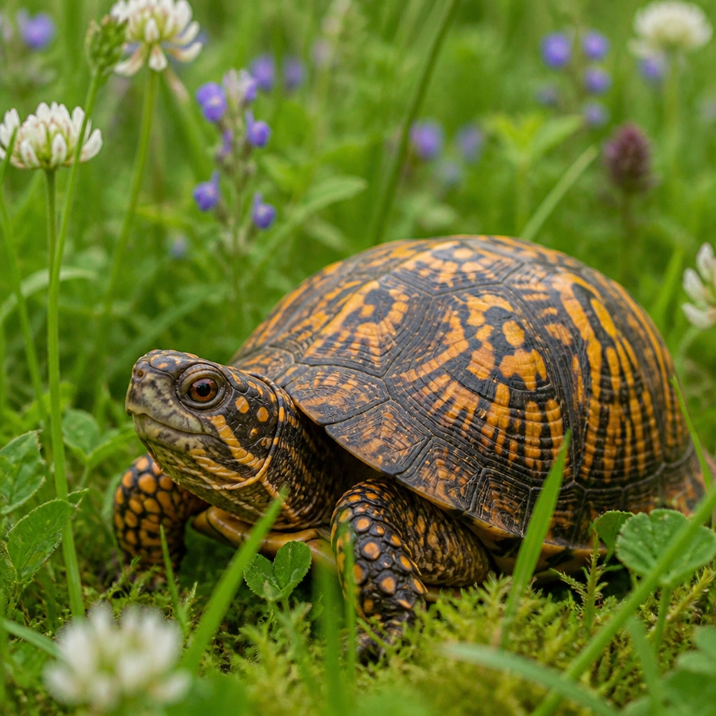 Close-up photorealistic image of an Eastern Box Turtle with vibrant yellow and orange markings on its domed shell