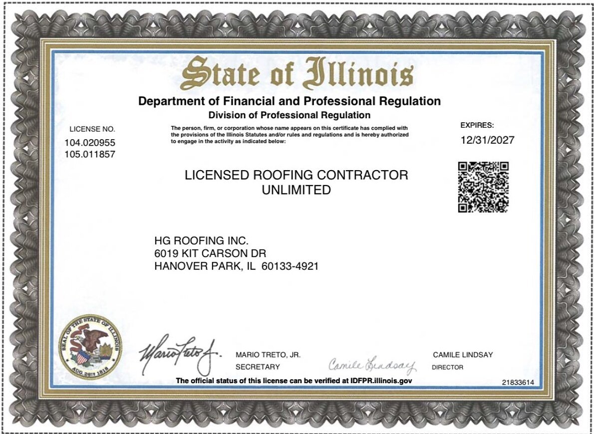 Licensed Roofing Contractor Unlimited certificate from the State of Illinois, valid until 12/31/2027, issued to HG Roofing Inc