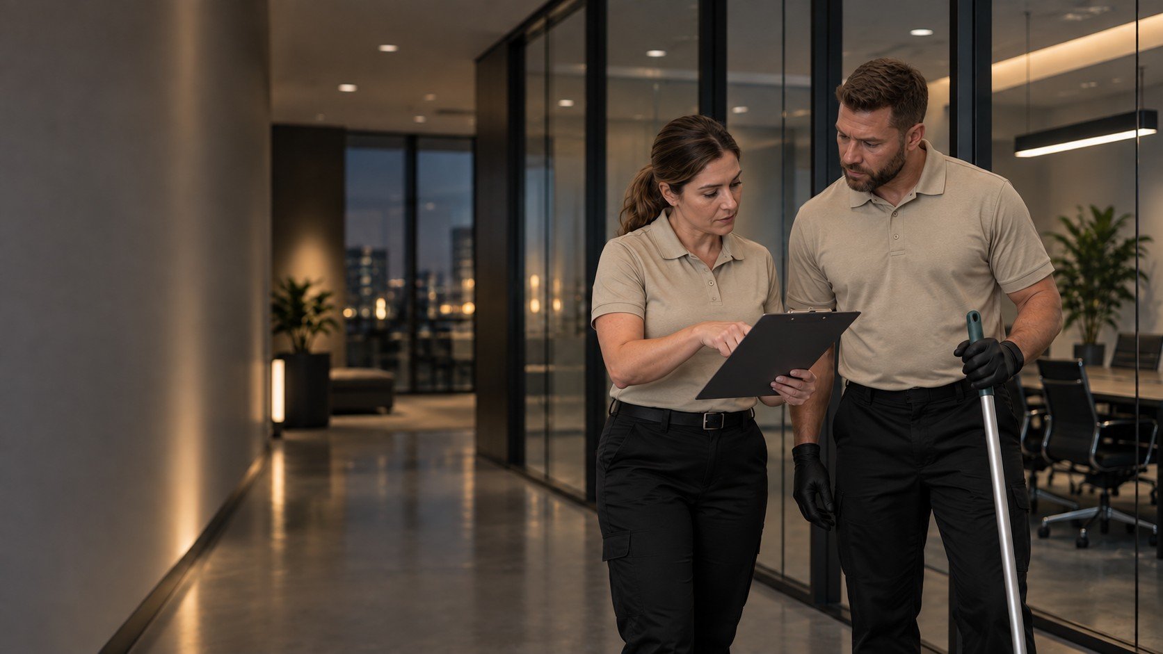 Two professionals in uniform reviewing a checklist in an office hallway