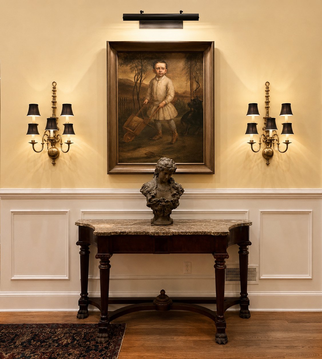 A room with a marble table, a bust, and a framed portrait of a child