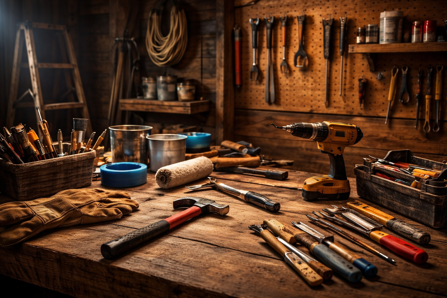 A workshop with a workbench full of tools, including a drill, hammers, and various other equipment.