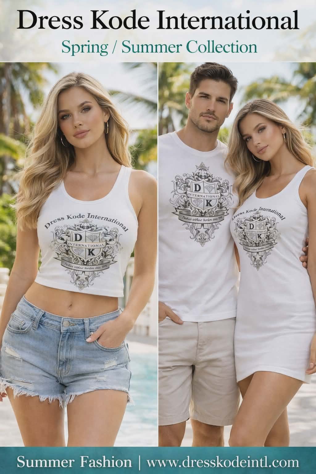 Two models wearing white Dress Kode International t-shirts and shorts