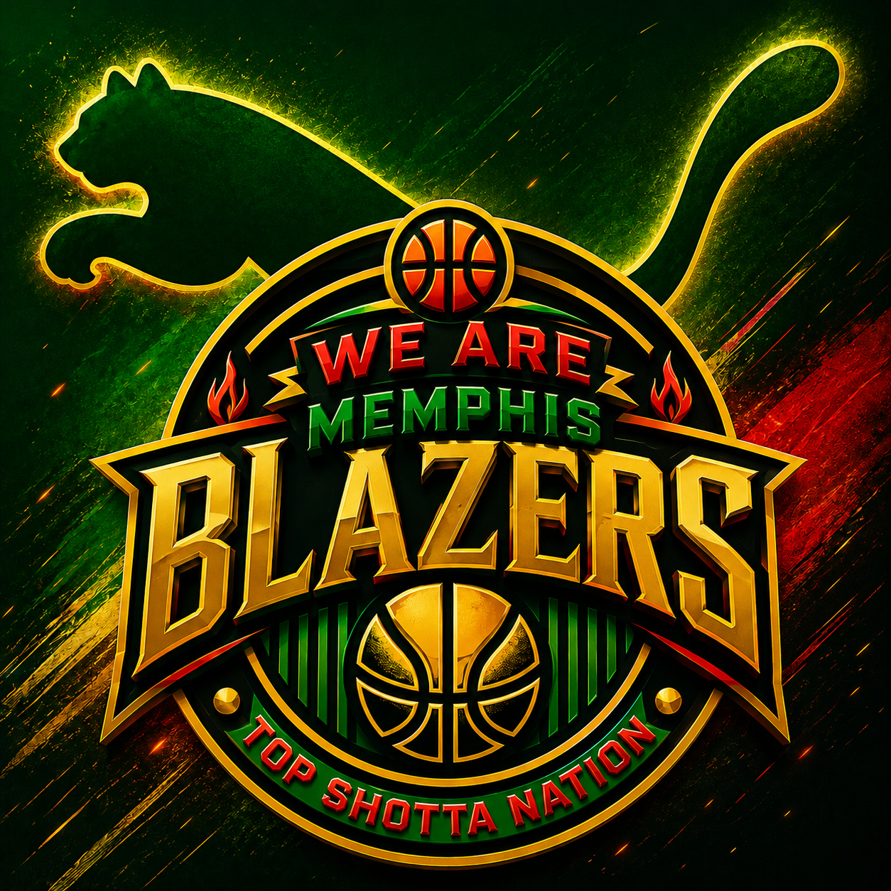 Memphis Blazers basketball team logo with a panther silhouette and a basketball hoop