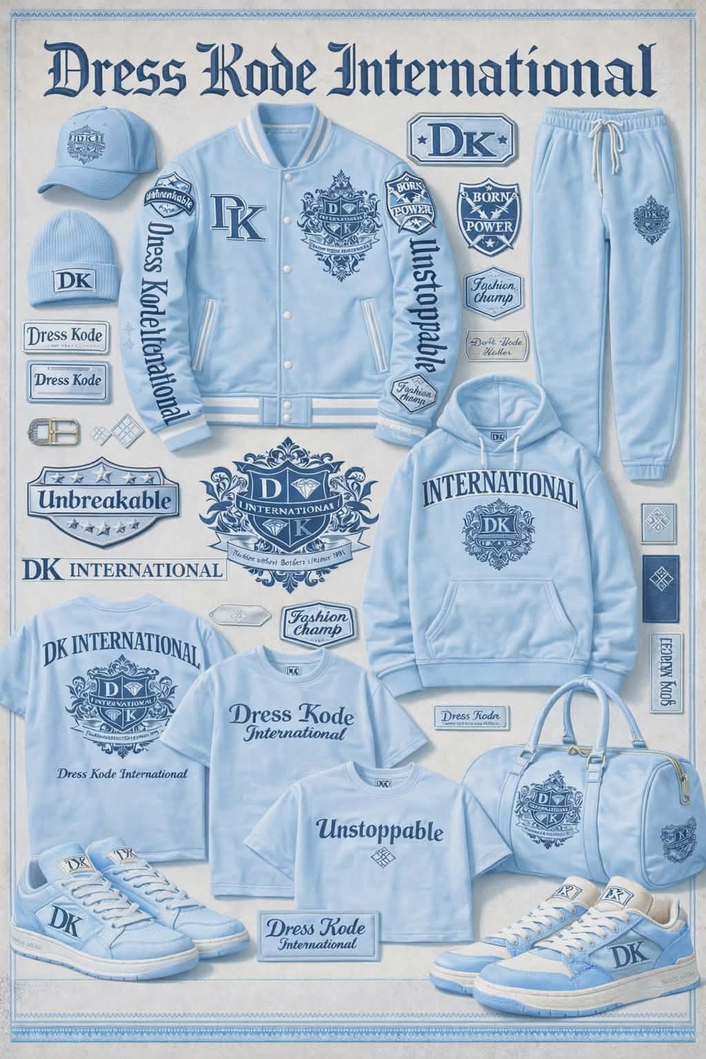 DK International clothing collection featuring jackets, hoodies, pants, and sneakers