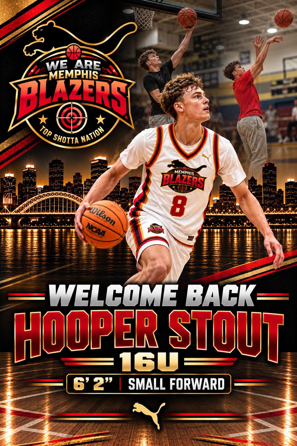 Memphis Blazers basketball player Hooper Stout, wearing jersey number 8, dribbling a ball on a court.