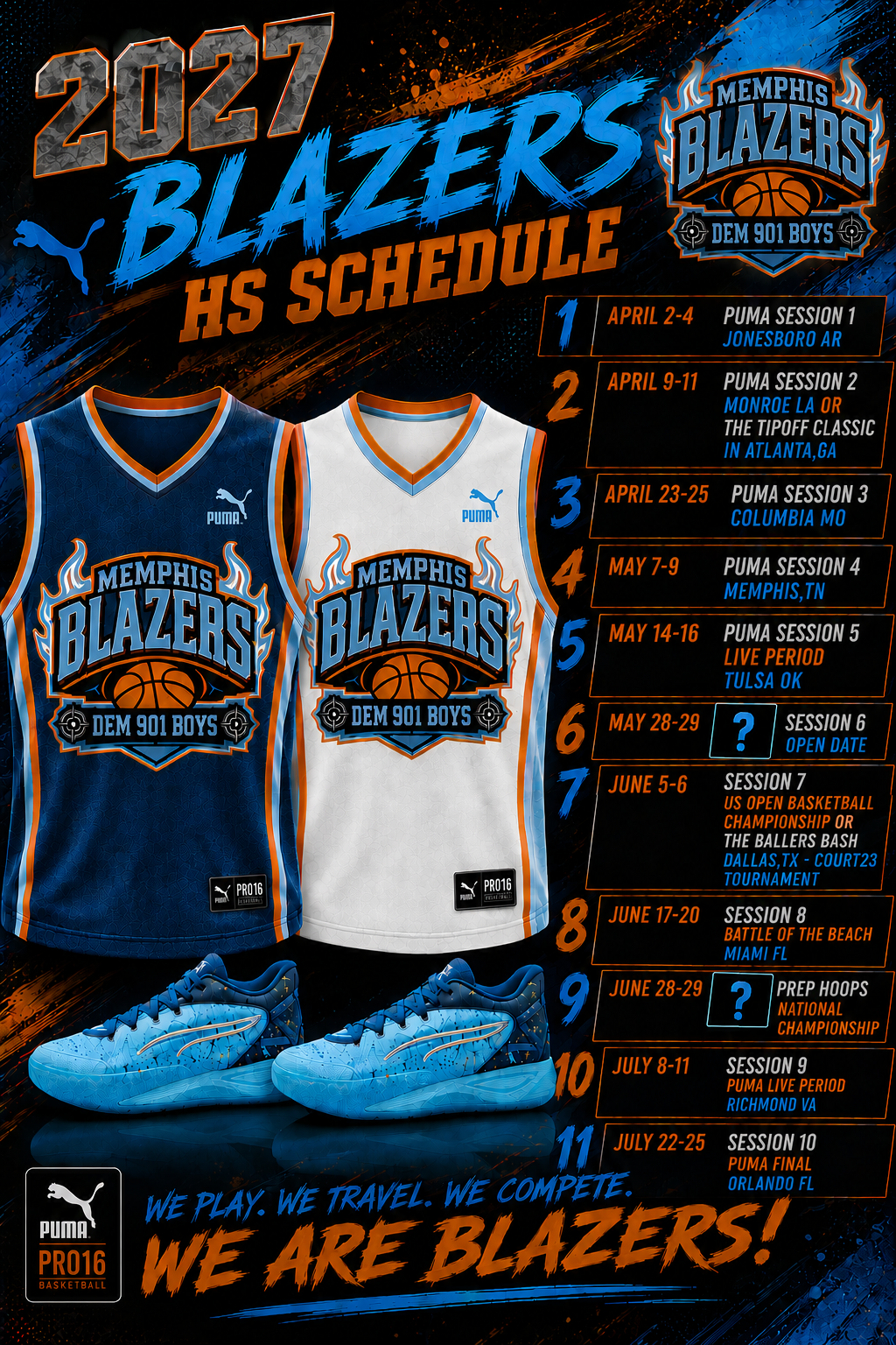 2027 Memphis Blazers HS Basketball Team Schedule with jerseys and sneakers