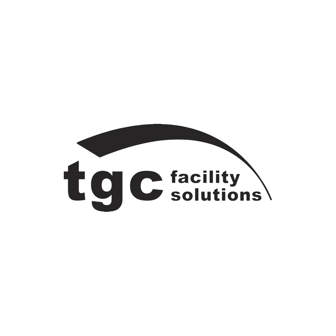 Transparent logo for tgc facility solutions, featuring a sleek gray arch with the company name in bold white letters.