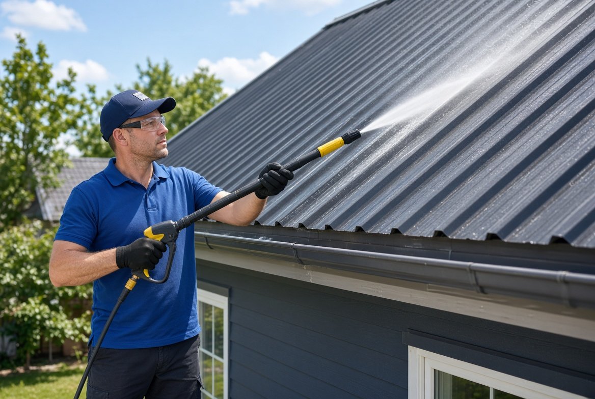 A man in a blue shirt and black gloves is using a pressure washer to clean a house roof.