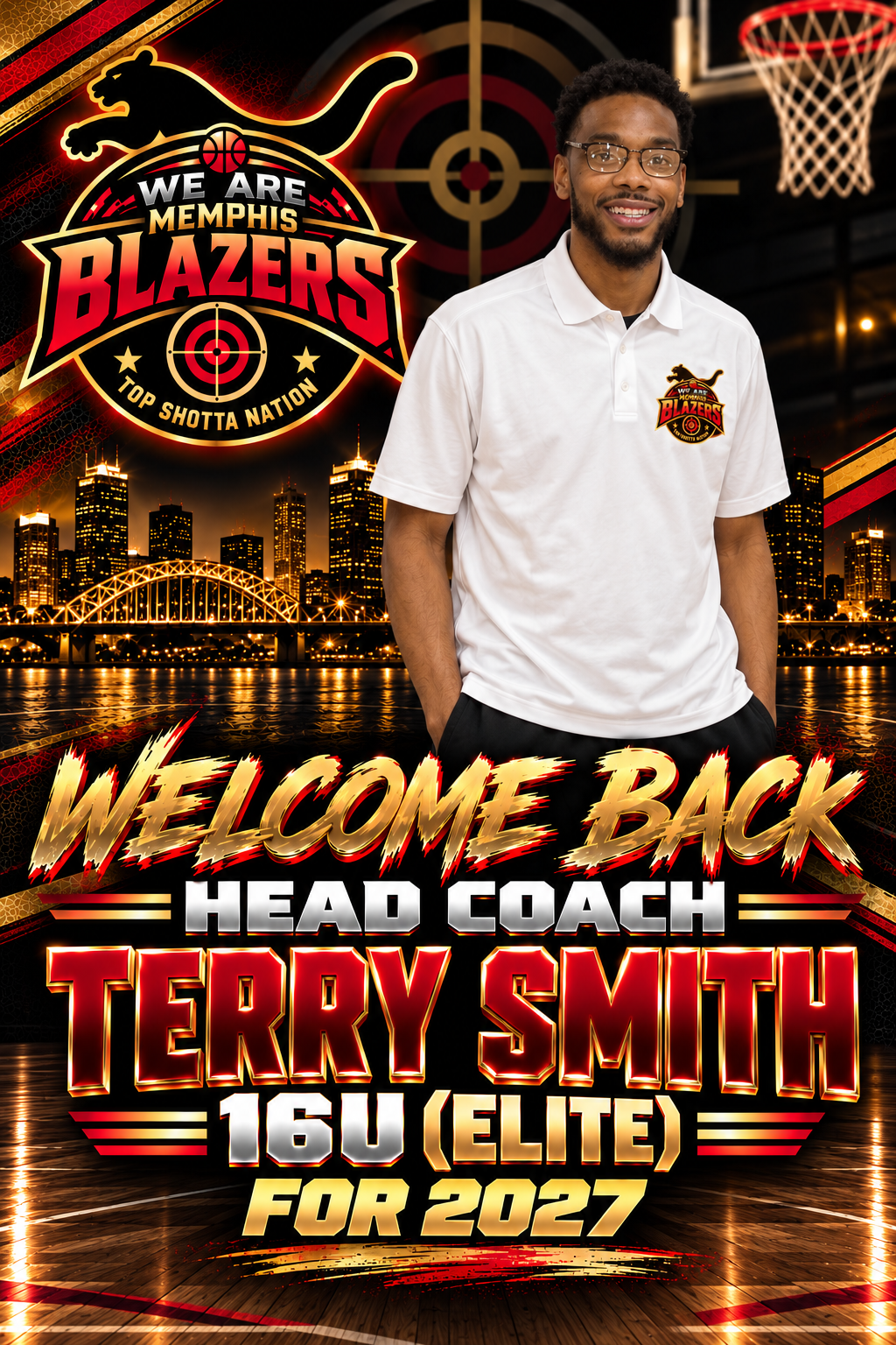 Head Coach Terry Smith of the Memphis Blazers Top Shotta Nation basketball team, wearing a white polo shirt with the team logo.