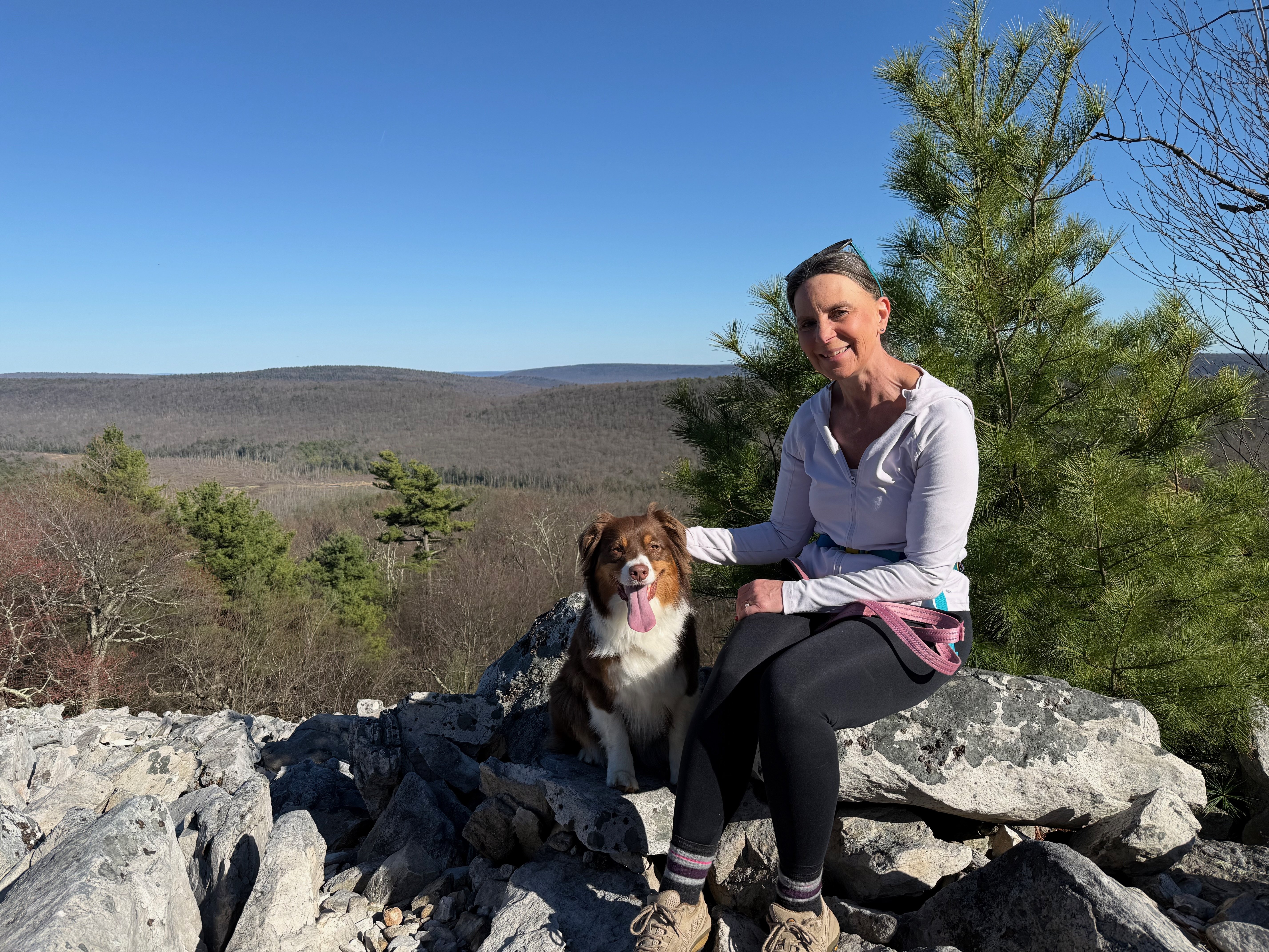 A woman with her dog on a rocky outcrop with a valley view